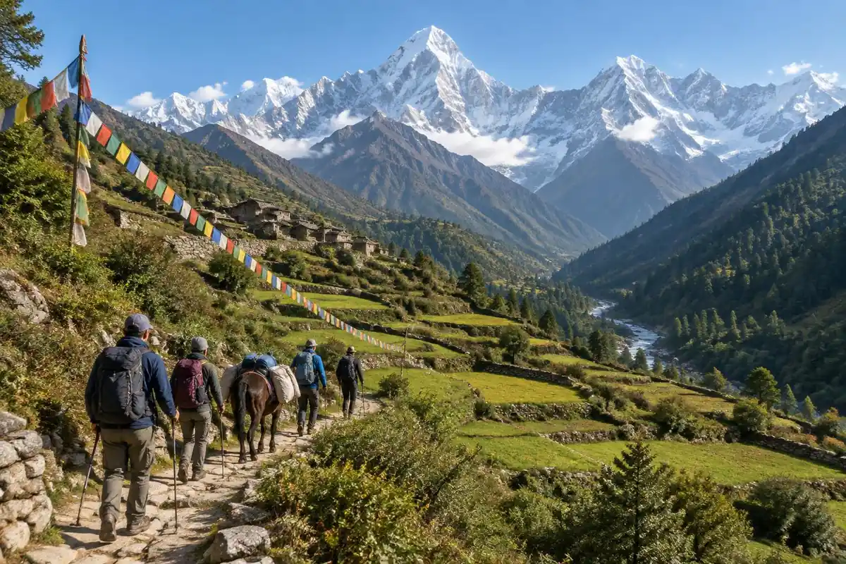 Terraced valley leading to a wall of snow peaks with trekkers and a mule
