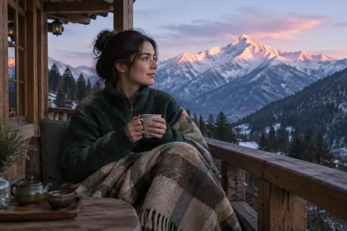 Young woman wrapped in a blanket on a tea-house balcony at dusk
