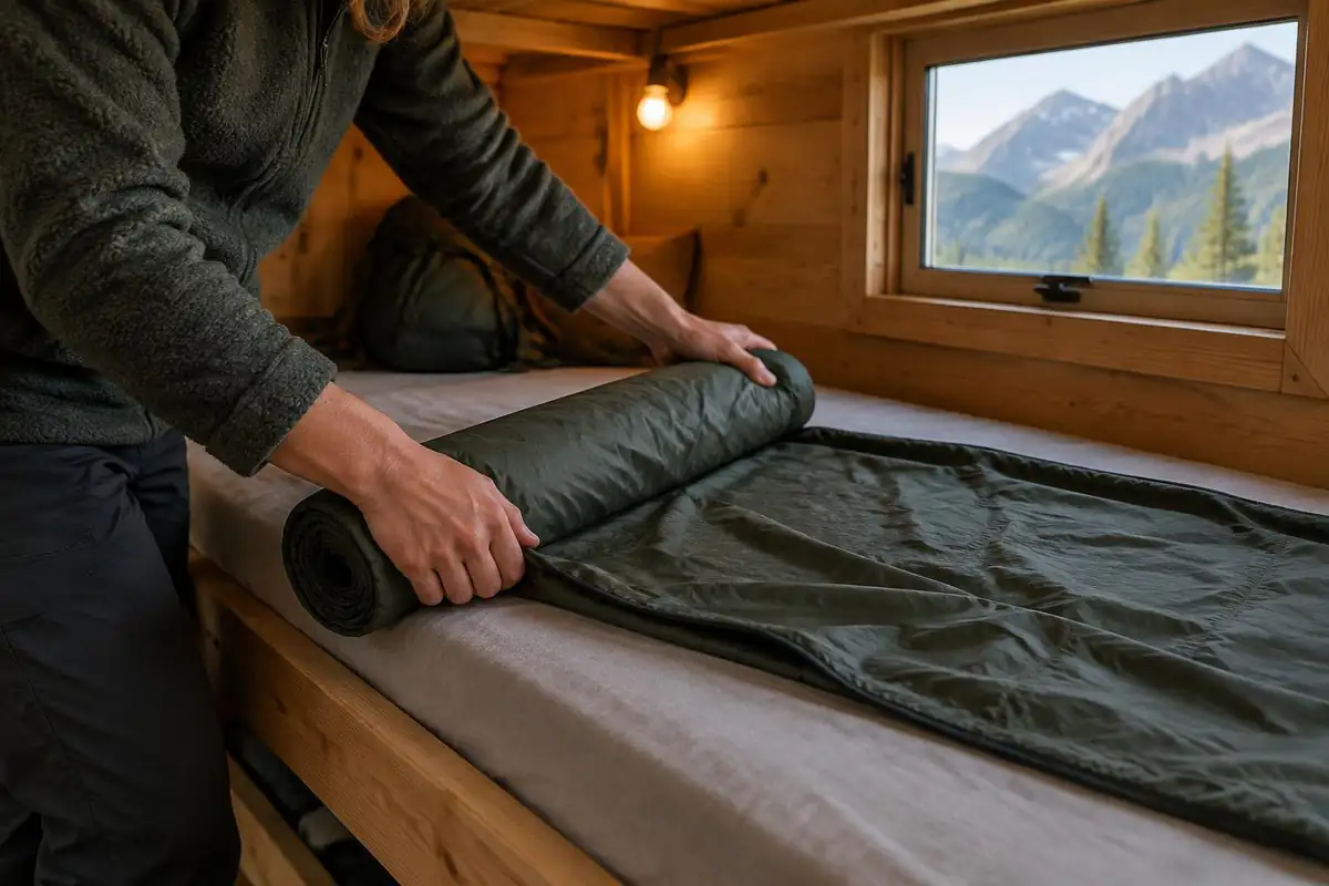 Hands unrolling a sleeping-bag liner on a wooden tea-house bunk