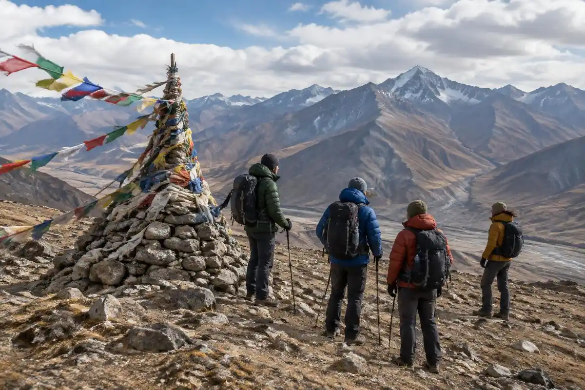 Prayer-flag cairn on a windy barren pass with trekkers in down jackets