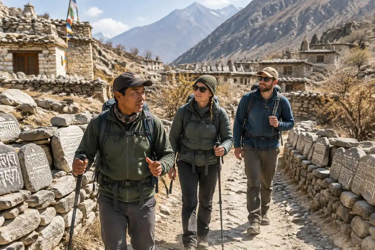 Guide and two trekkers walking past mani stones in a dry Himalayan village