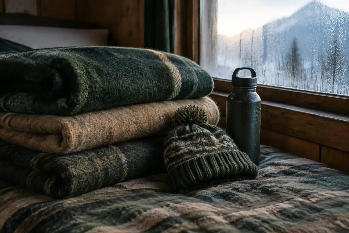 Thick blankets, woollen hat and bottle on a tea-house bed beside a small window