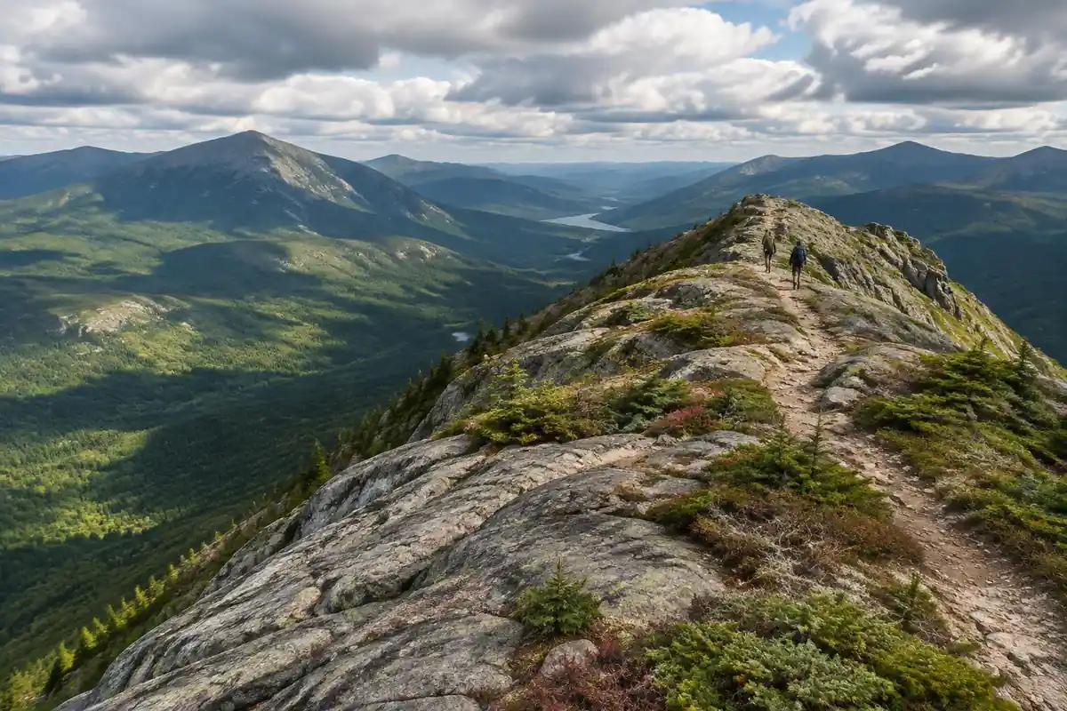 A knife-edge ridge line of bare granite with alpine plants and wide views