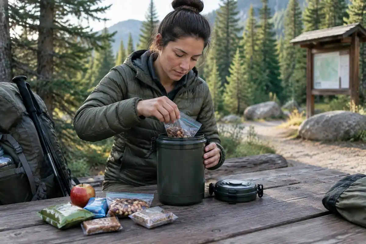 A hiker tucks snacks into a locking food canister at a trailhead picnic table