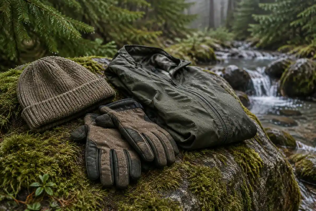 A beanie, gloves and windshell rest on a mossy stone beside a cold forest spring