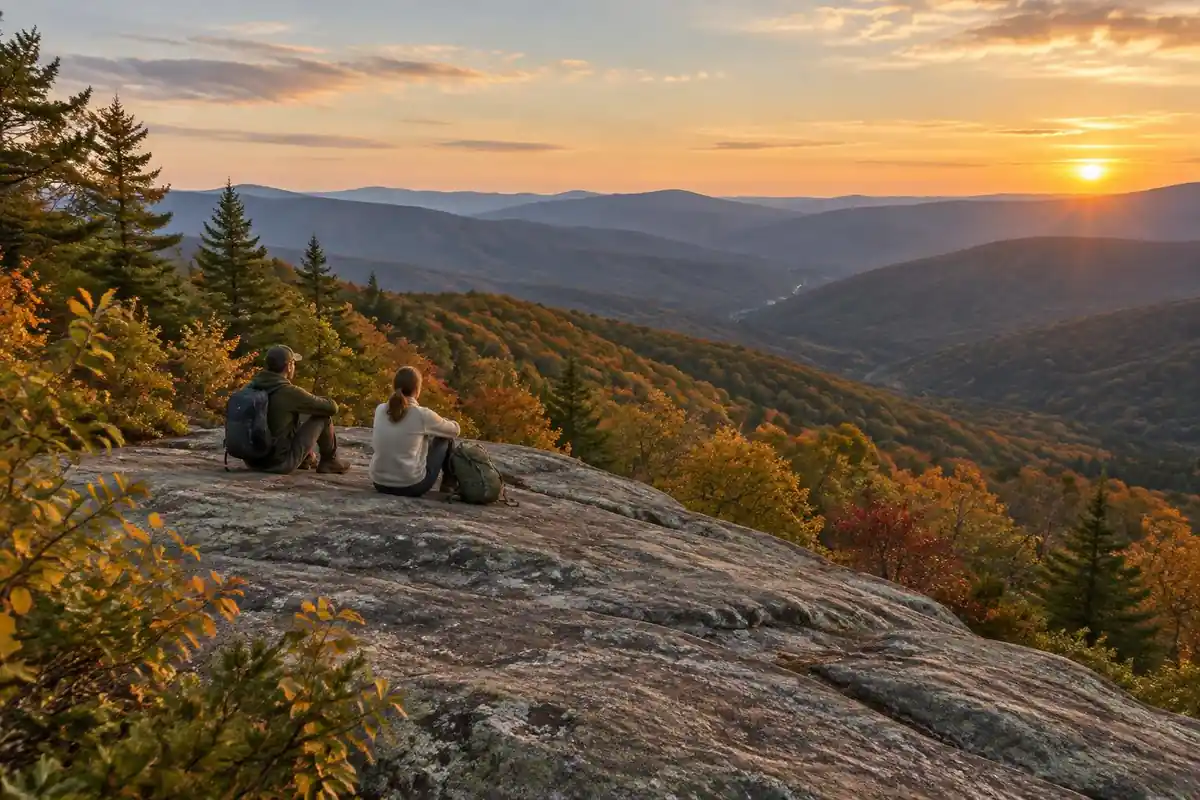 Two hikers sit well back from a rock outcrop above an autumn forested valley