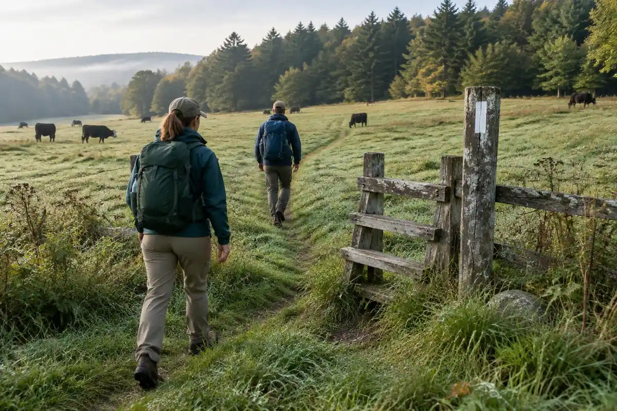 Hikers crossing a pasture with a stile and blazed post at trail start