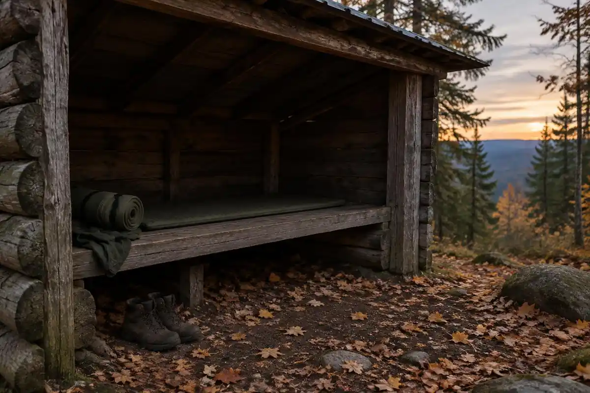 A hillside three-sided shelter with bunk platforms and a nearby privy and picnic table