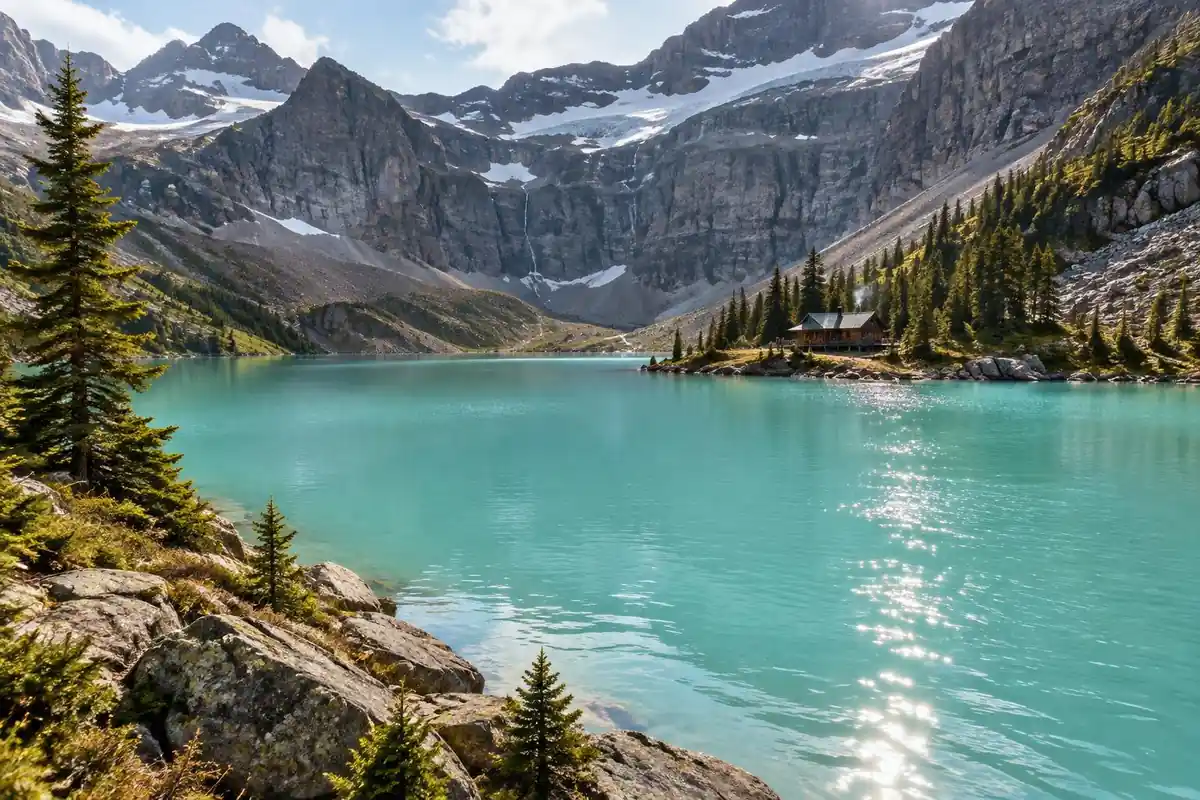 A milky turquoise lake in a glacial cirque with teahouse cabin visible on the far bank