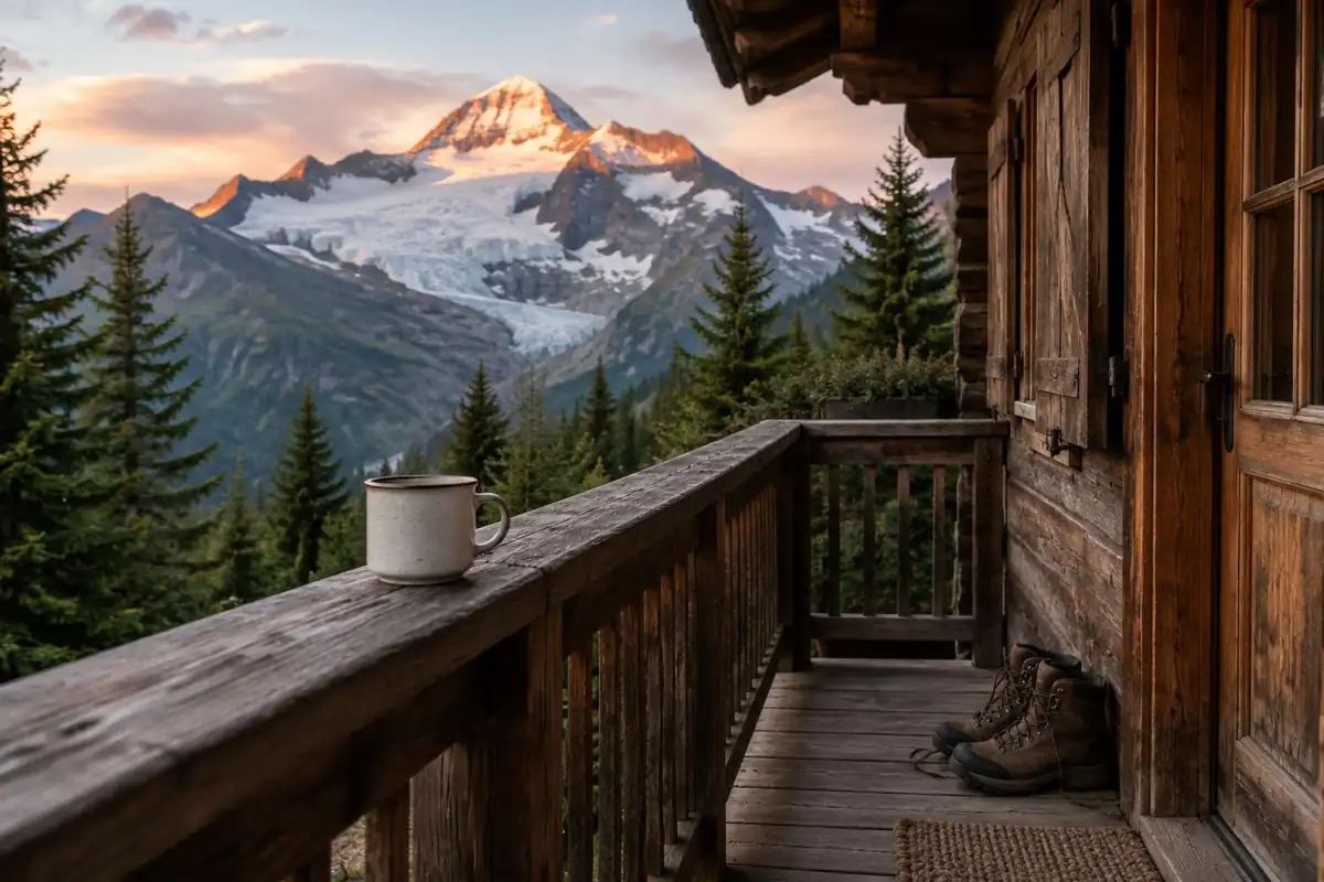 A guest chalet with a wooden balcony and geraniums beside a pine forest at dusk