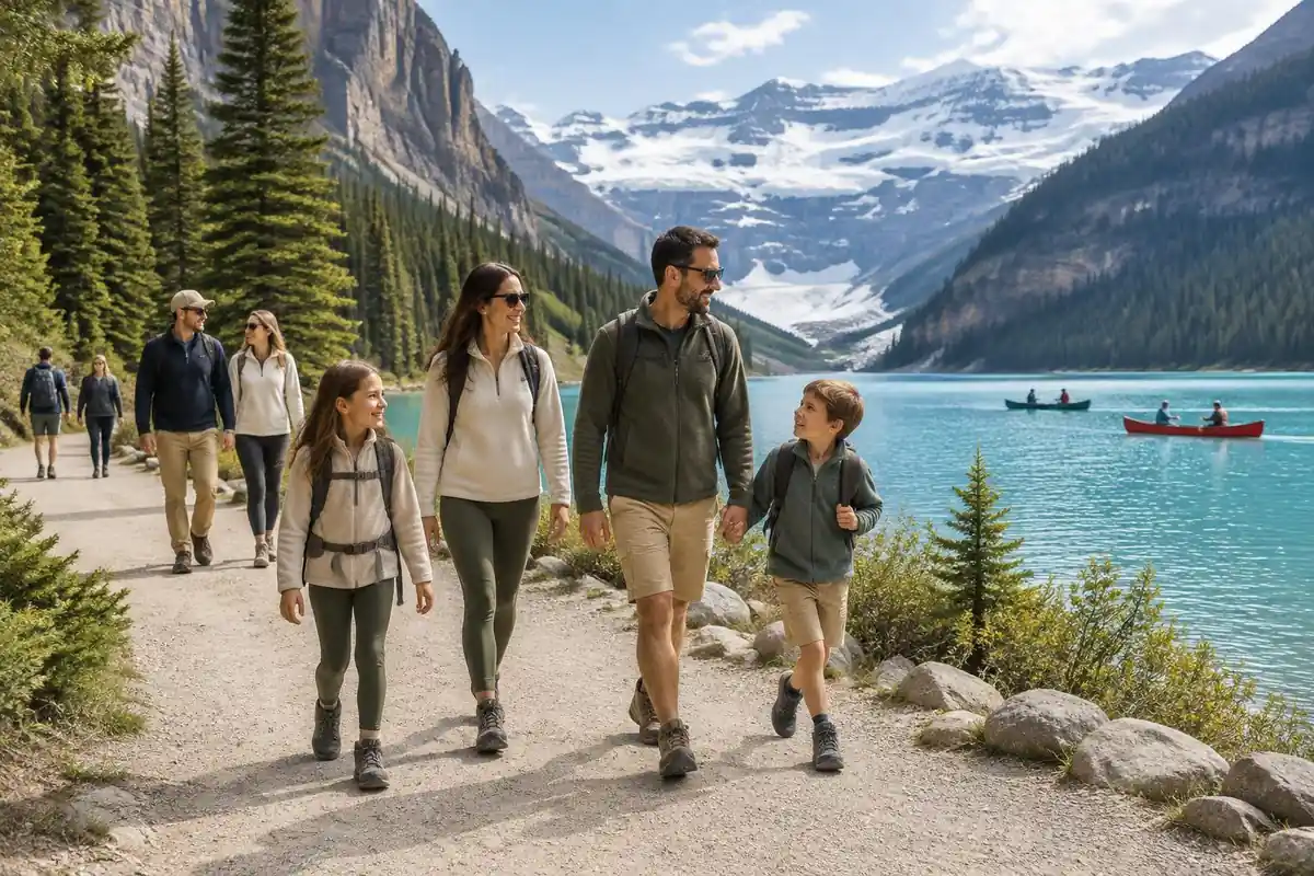 Hikers on a wide gravel lakeside promenade with mountains and canoes