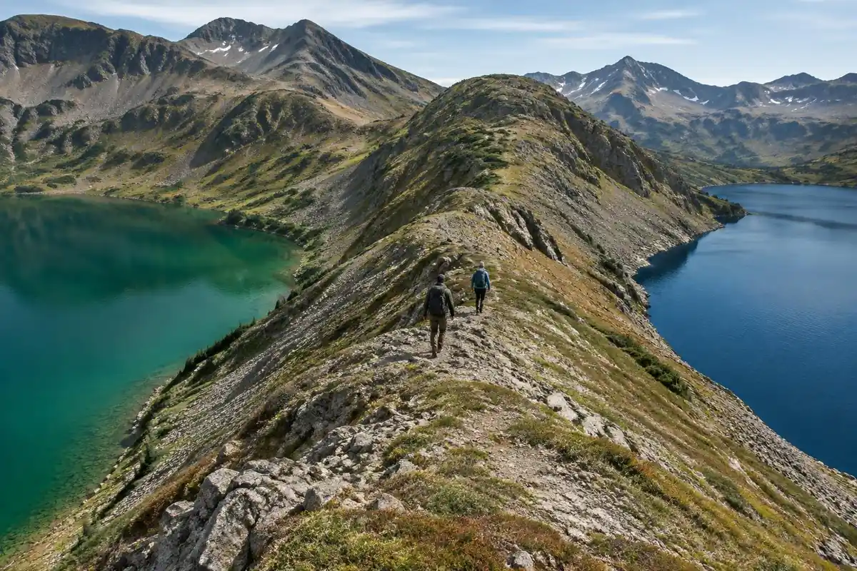 Narrow rocky ridge between an emerald lake and a dark blue lake