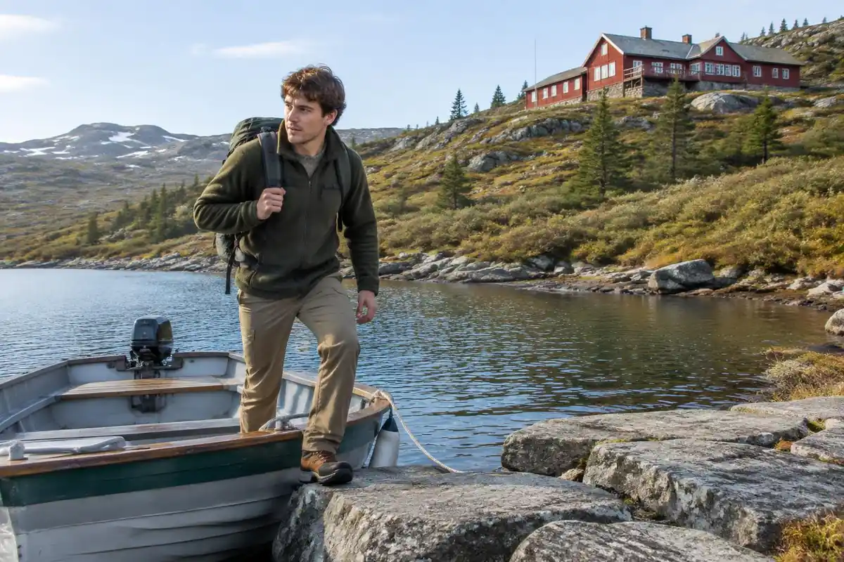 Young man stepping off a small boat onto a lakeside jetty near a red lodge