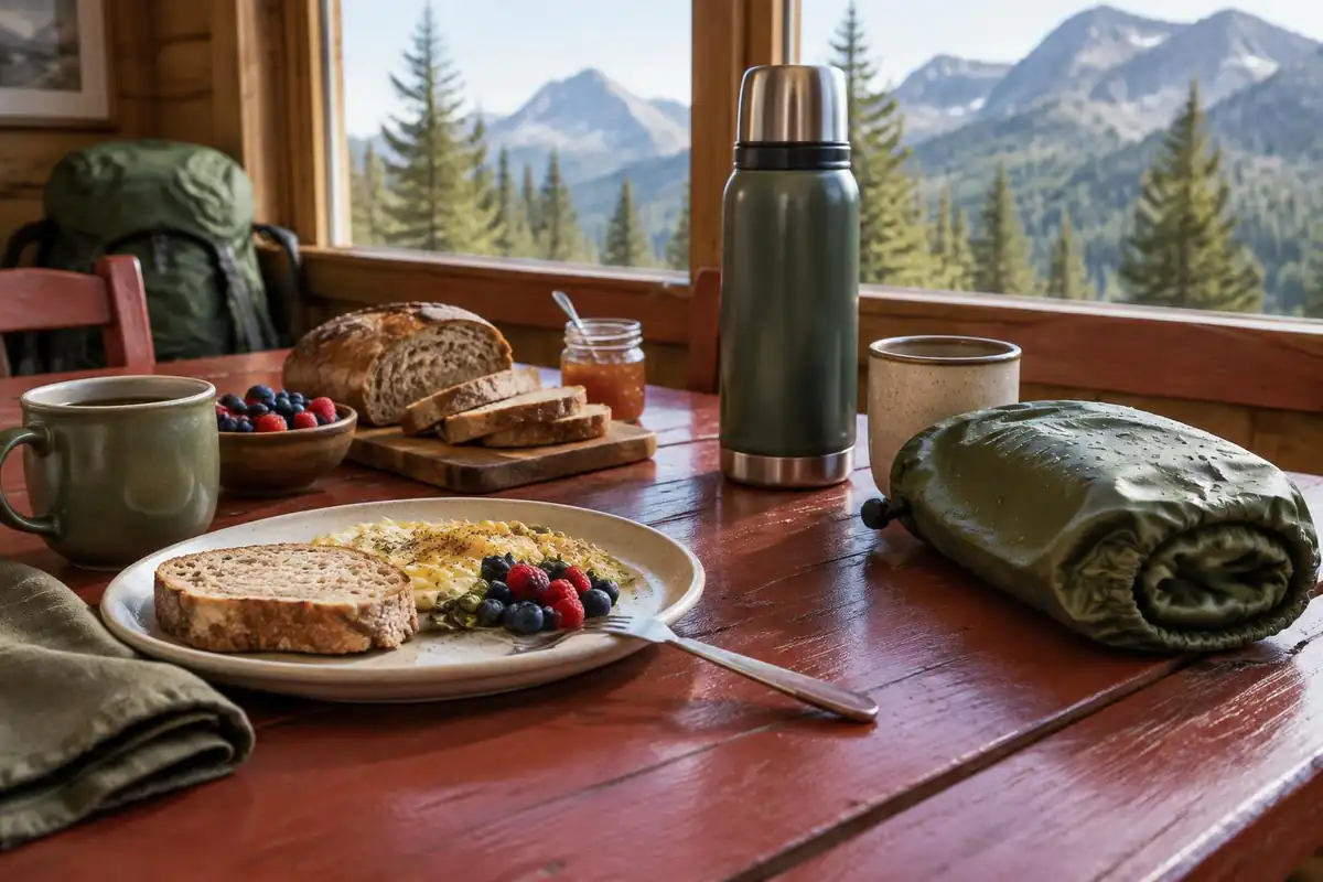 Breakfast table in a wooden lodge with a thermos and folded pack cover