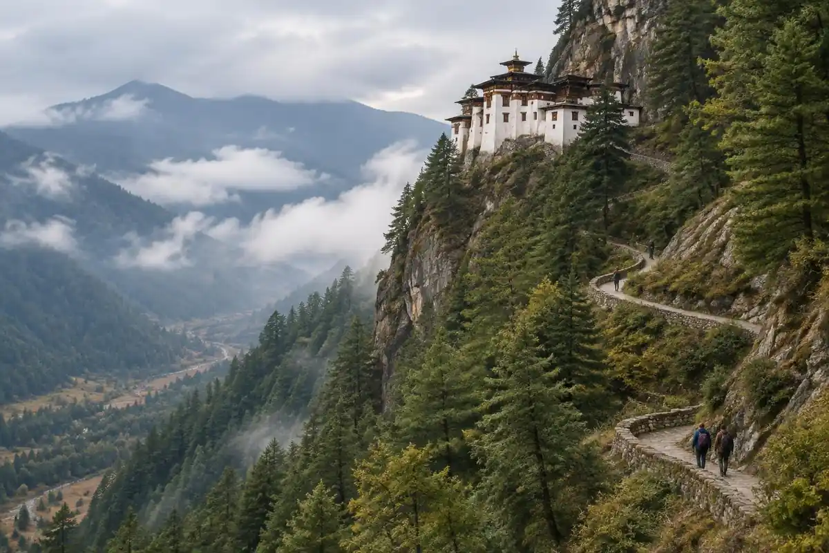 White monastery on a forested cliff above a valley with walkers on a switchback path