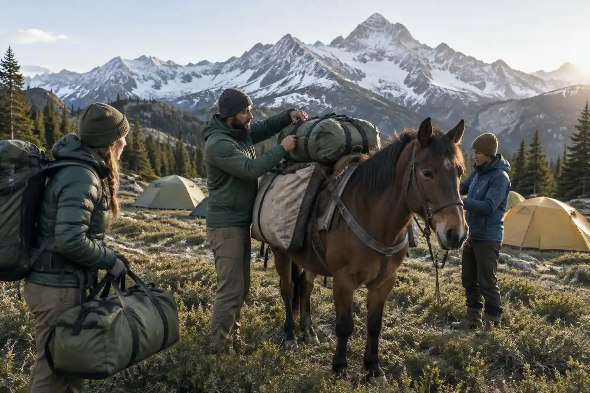 Trekking crew loading duffels onto a pack pony at a high meadow camp