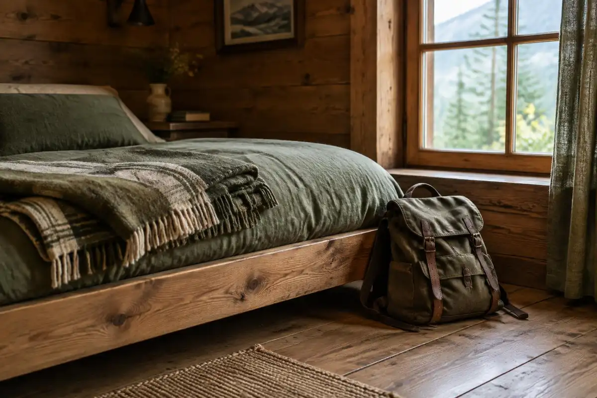 Small backpack and a folded blanket on the floor of a wooden farmhouse room