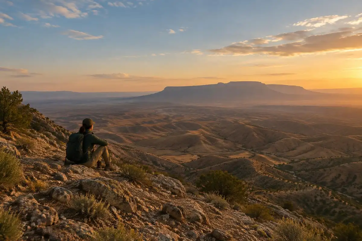 A hiker sits well back from a desert rim above a vast basin of ochre hills