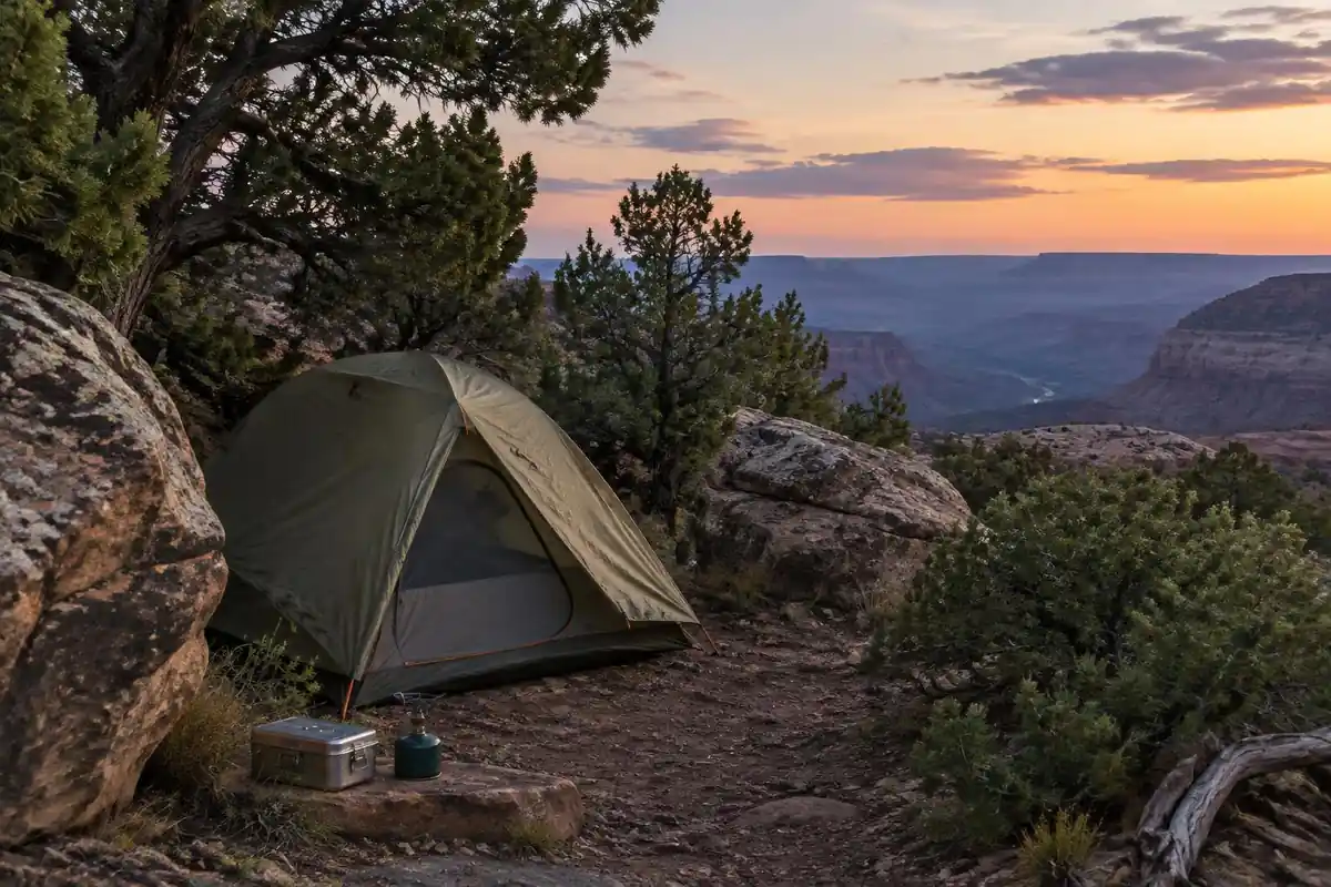 A backcountry rim campsite with tent between rock and juniper with pack and bear box