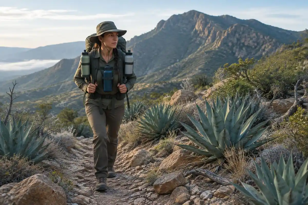 A hiker with wide hat and bottles hiking a rocky dry trail in the morning