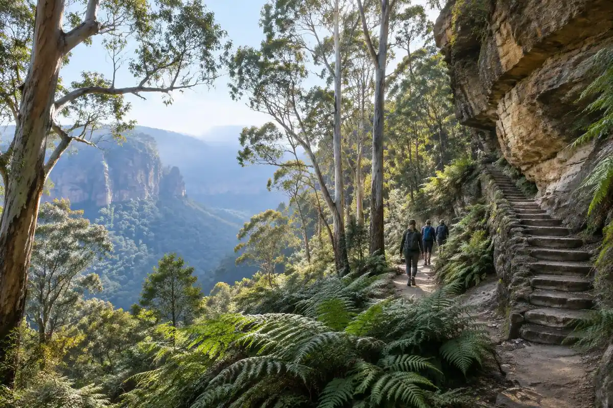 Fern-filled sandstone canyon with a stone stairway and small walkers