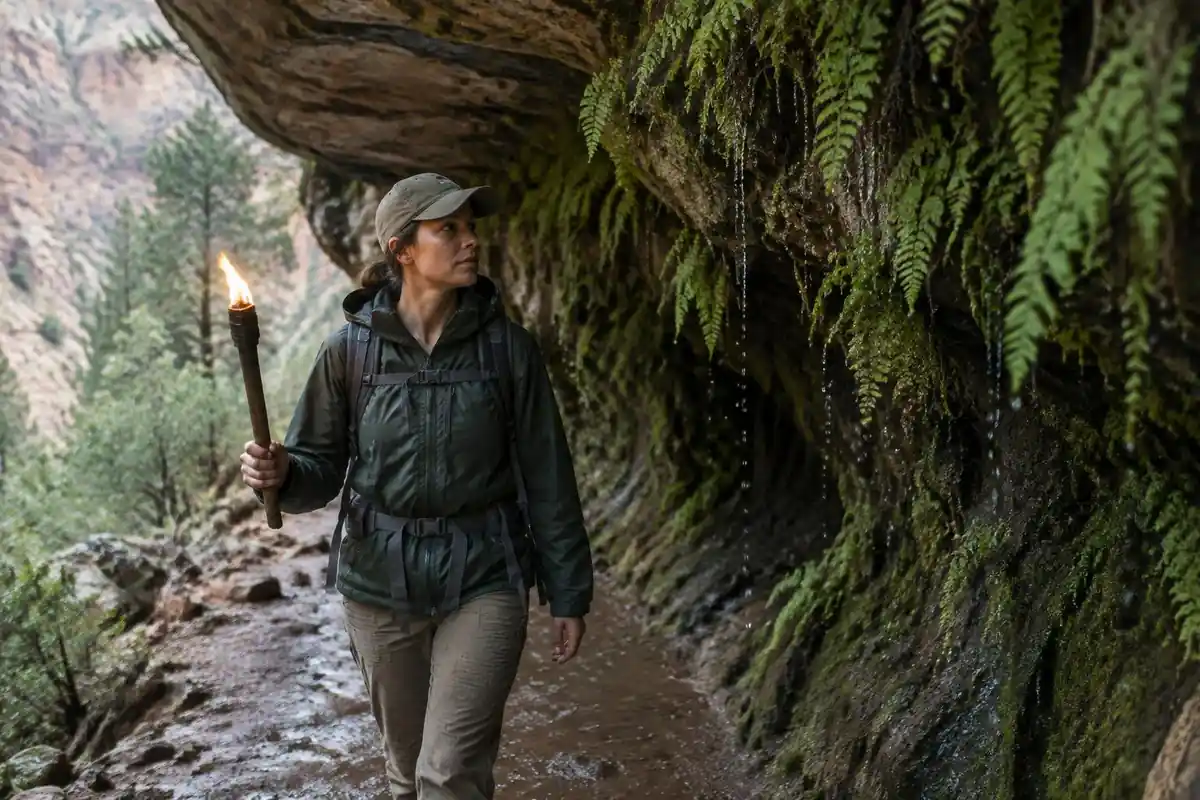 Woman in a cap walking through a cool overhang with dripping ferns
