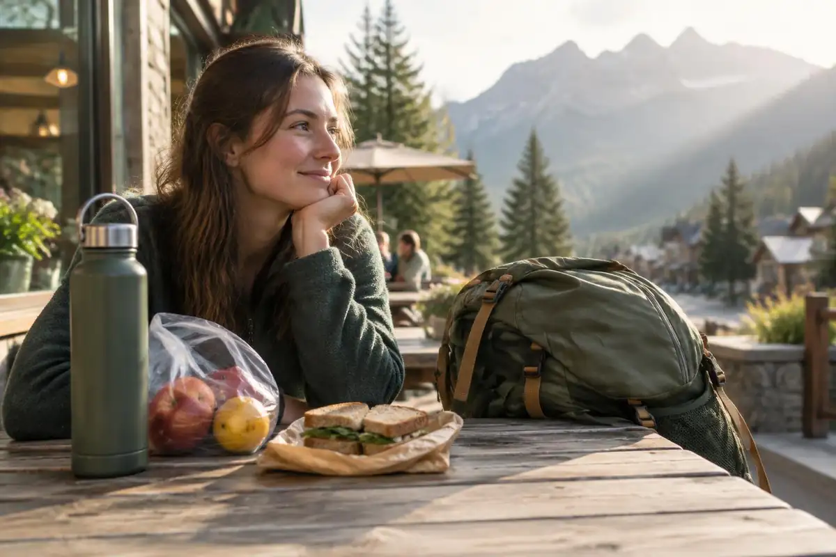 Picnic of fruit and bottle beside a daypack on a timber cafe table