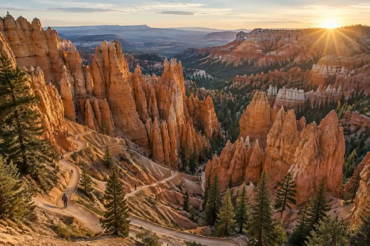 Orange rock hoodoos in a shadowy amphitheatre at sunrise with a narrow trail winding