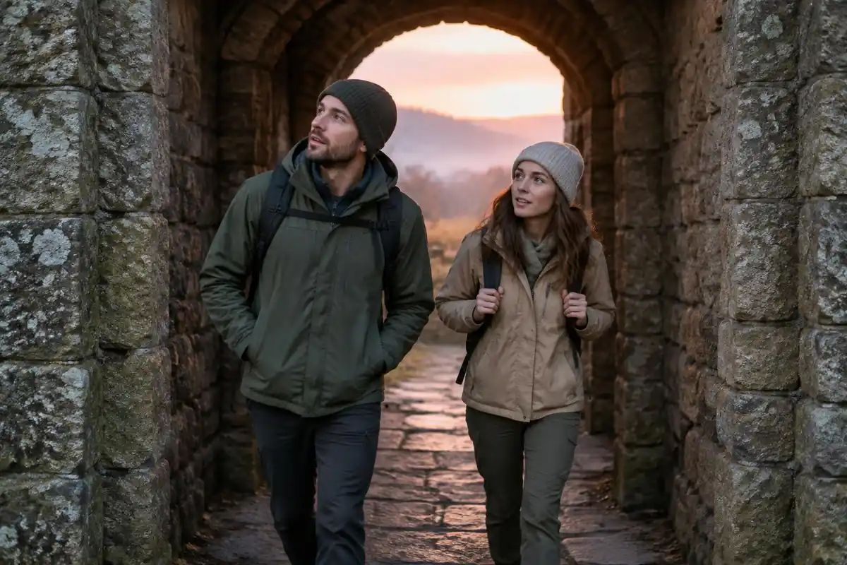 A couple with hats and layers walking a tunnel through a rock fin