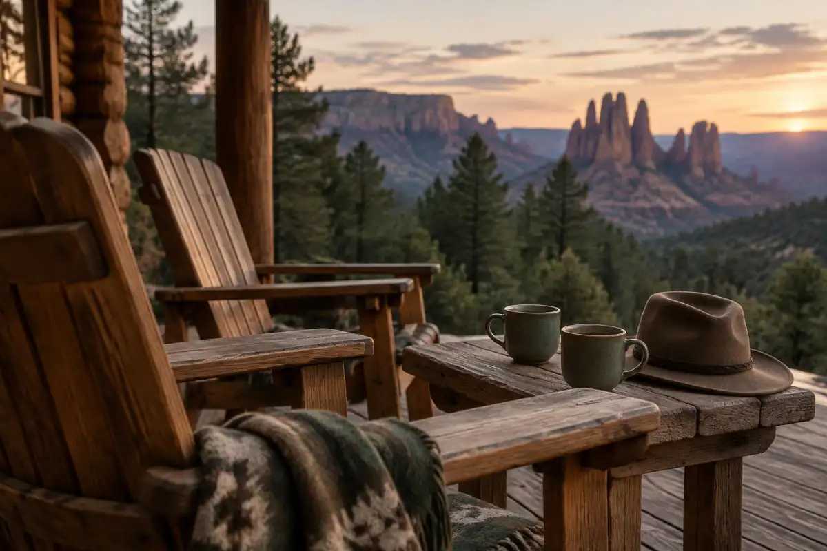 A lodge porch with rocking chairs and hats facing the canyon rim at dusk