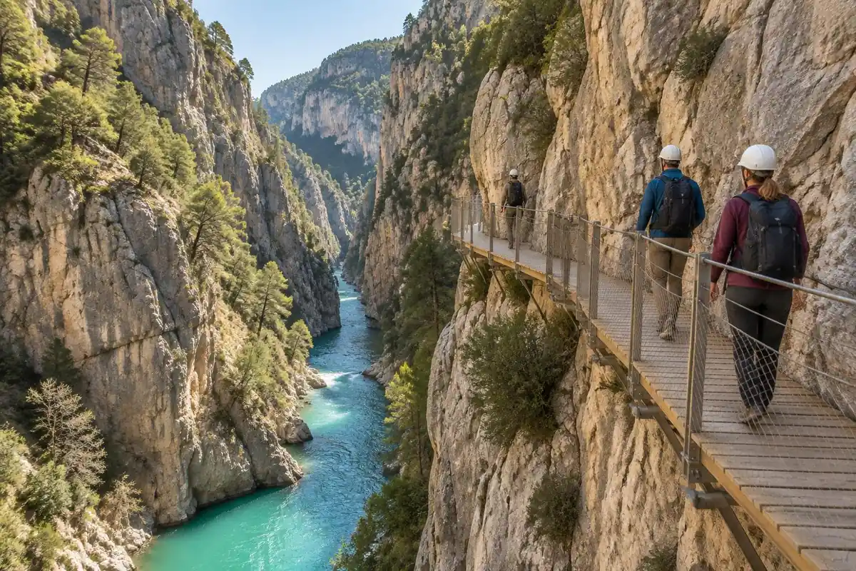 Narrow limestone gorge with hikers in helmets on a guarded boardwalk above a turquoise river