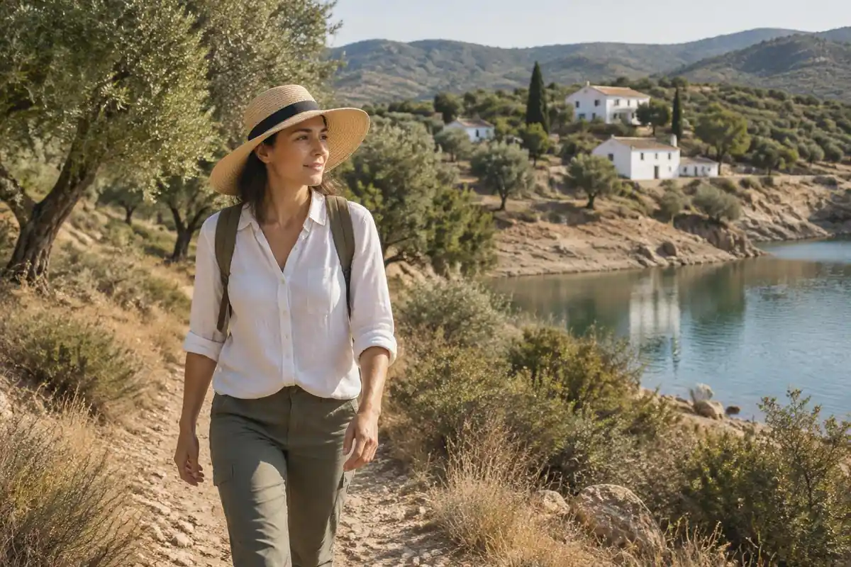 Woman in a sun hat walking a dry path beside a reservoir with olive trees