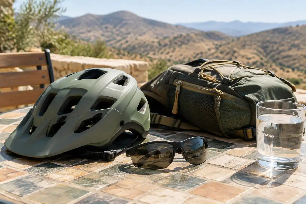 Safety helmet, sunglasses and daypack on a cafe table with a glass of water