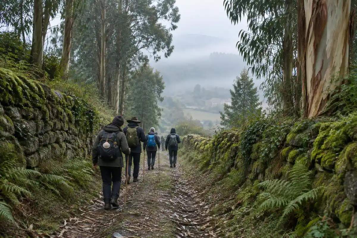 Sunken lane between stone walls and eucalyptus trees with pilgrims in mist