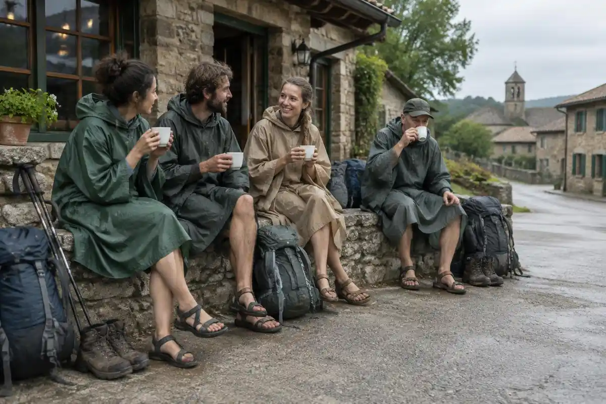 Pilgrims in ponchos drinking coffee on a low wall outside a village bar