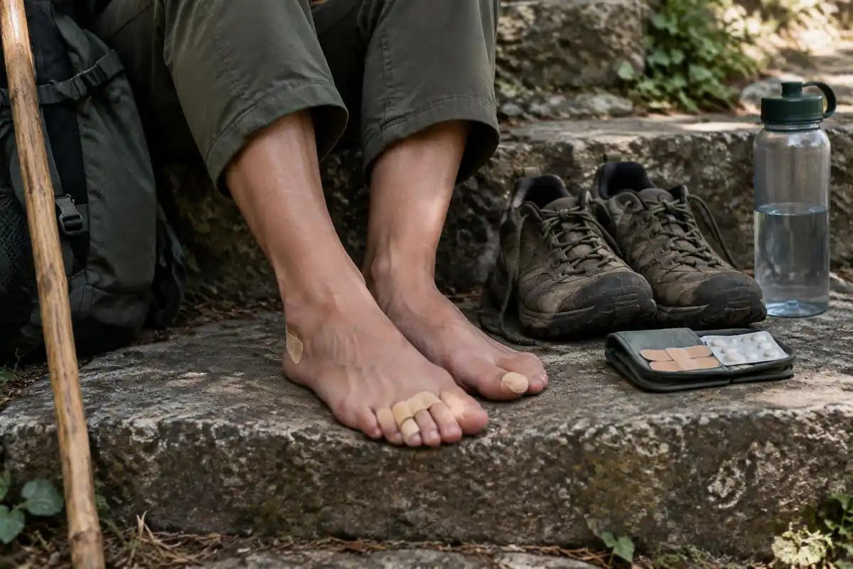 Tired feet with plasters resting beside worn shoes and a water bottle