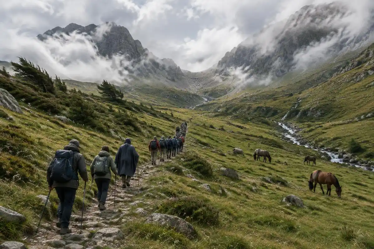 Steep green pyrenean pasture with a stream of pilgrims and grazing horses