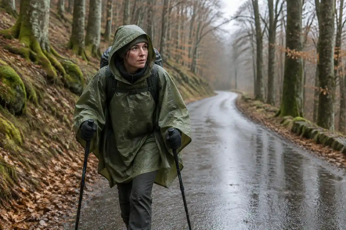 Hiker in a poncho climbing a wet road through beech woodland