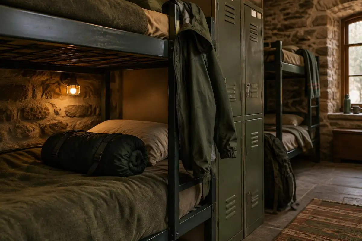 Bunk beds in a stone hostel with a rolled sleeping bag and shell jacket