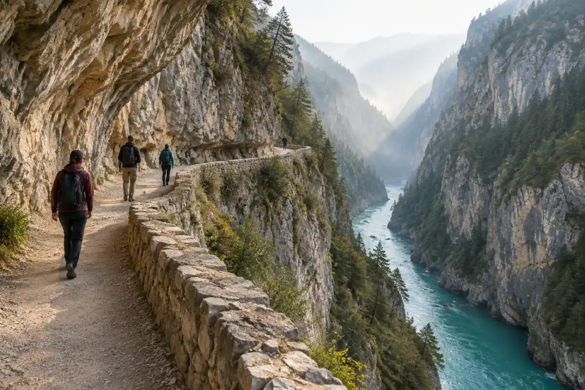 Carved ledge path on a limestone gorge wall above a turquoise river