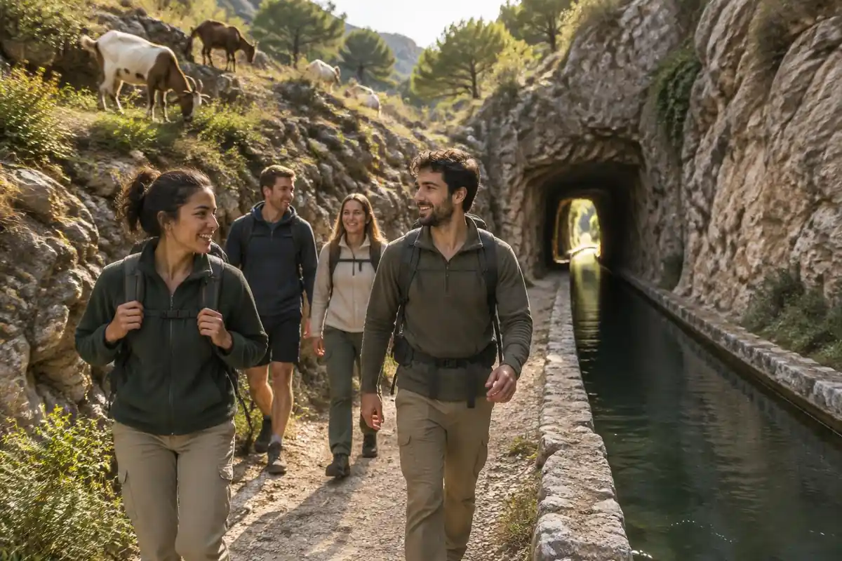 Friends walking along a rock-cut channel path with goats on the slope above