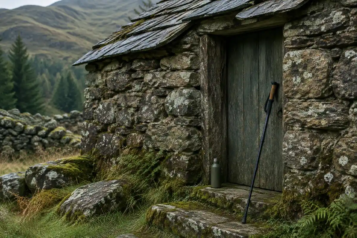 Shepherd's stone hut with a walking pole and bottle on a mossy step