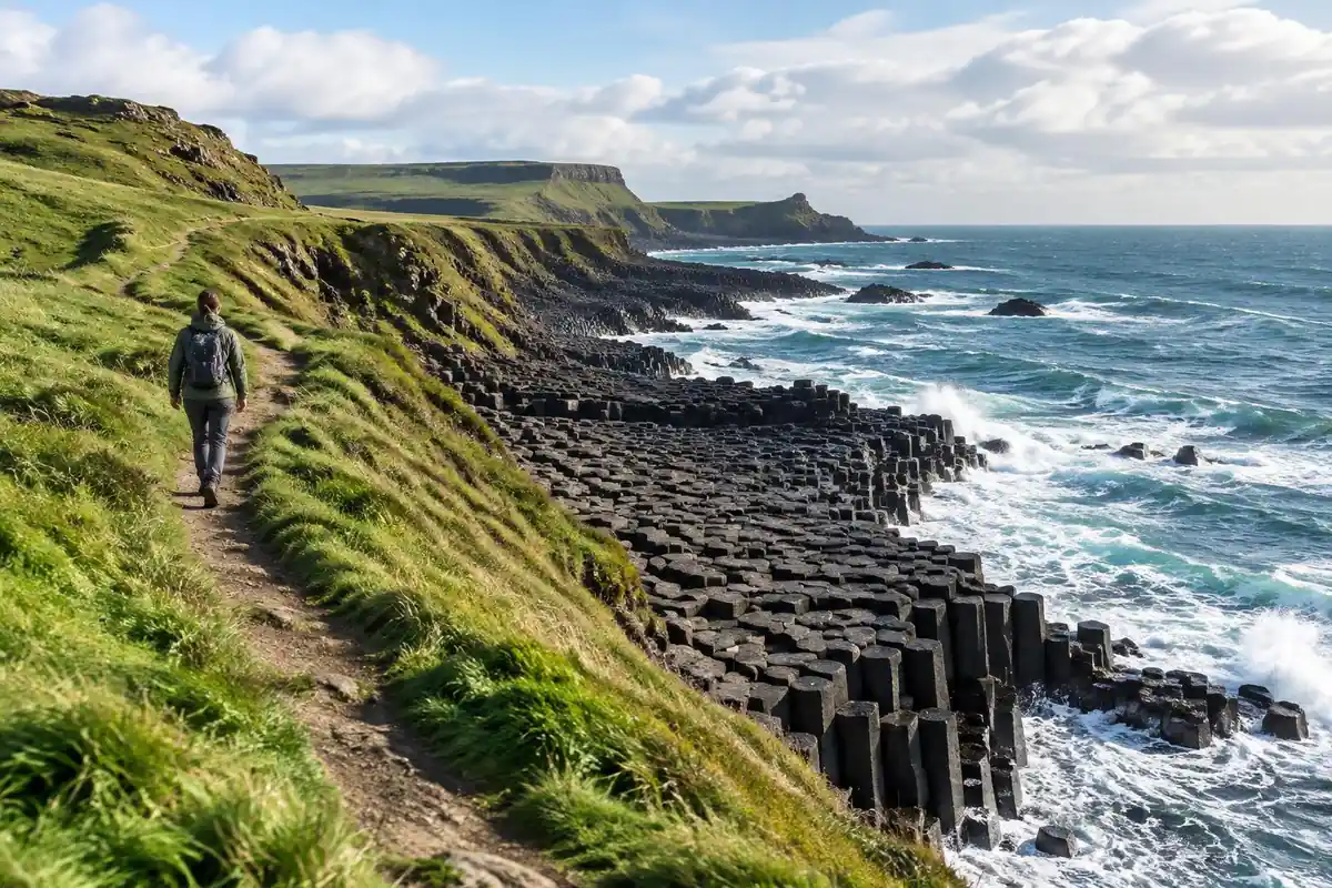 Clifftop path above hexagonal basalt columns and breaking waves
