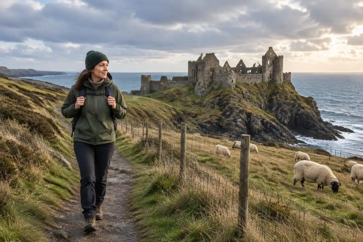 Walker in a beanie strolling a coastal path past a ruined castle on a headland