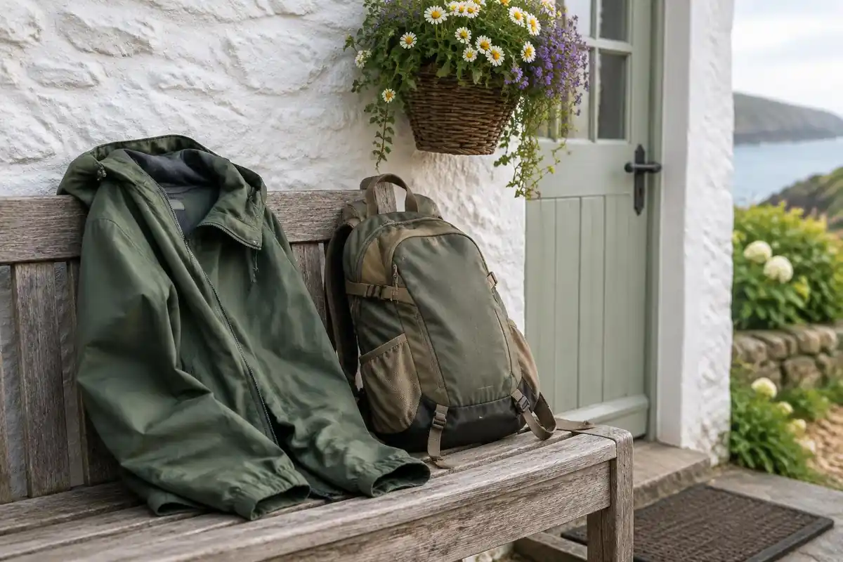 Windproof jacket and daypack on a bench by a whitewashed guesthouse door