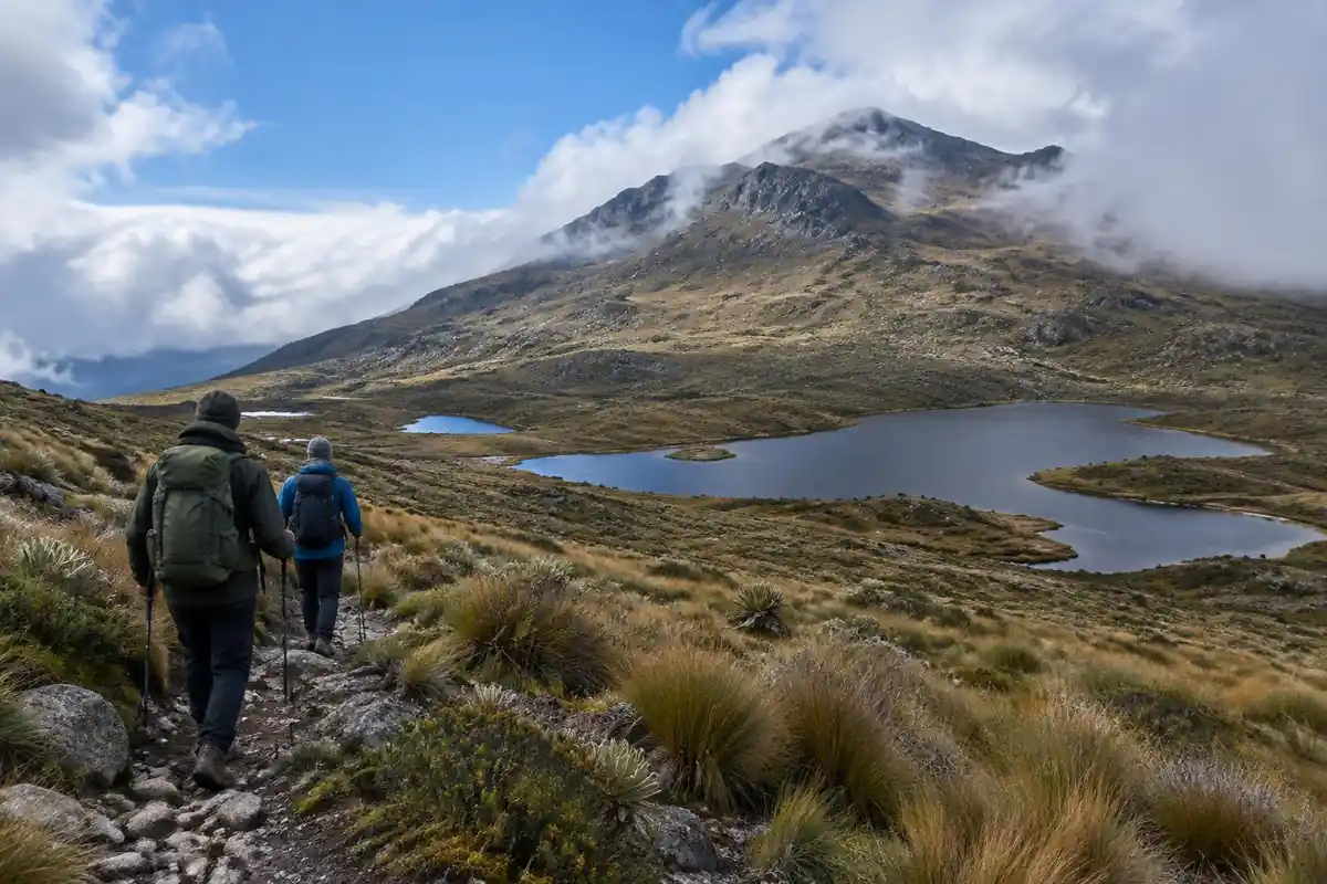 Windswept paramo with tussock grass and lakes below a bare summit