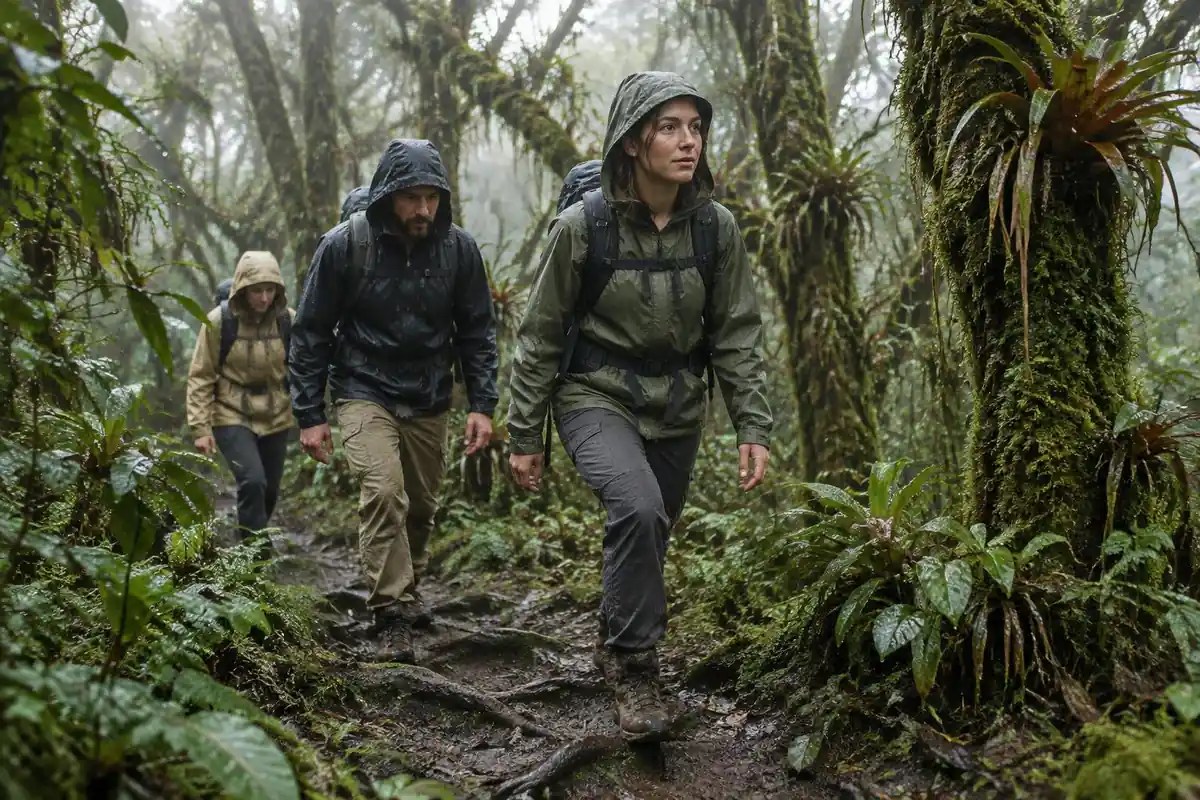 Hikers in rain jackets on a muddy root path in dripping cloud forest