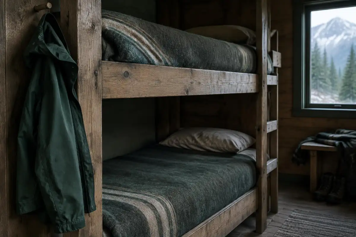 Wool blankets on wooden bunks in a simple mountain lodge bunkroom