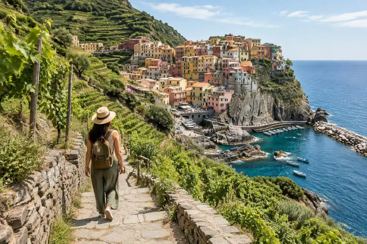 Colourful cliffside village above a small harbour beside a terraced vineyard path