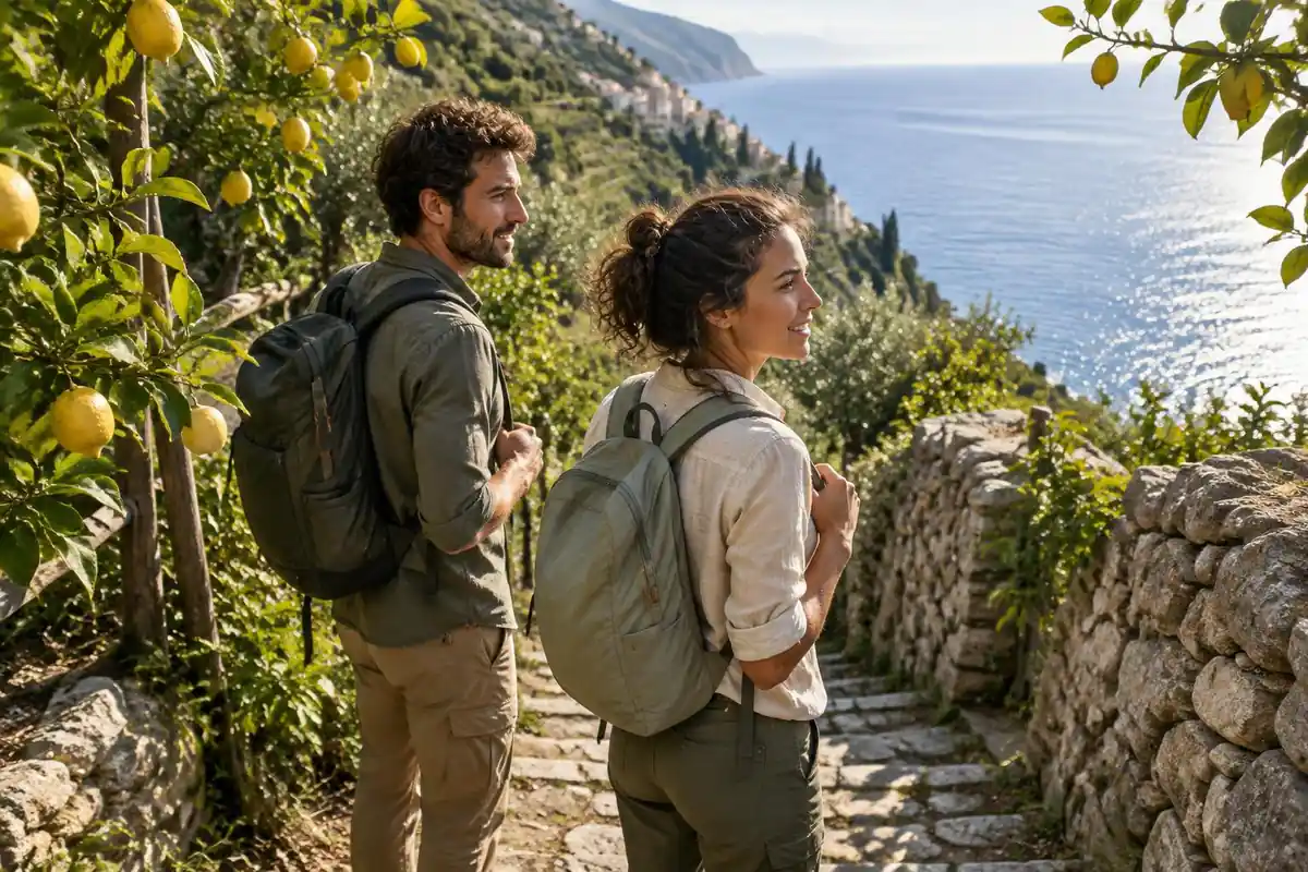 Couple with daypacks on a stepped path between lemon trees above the sea